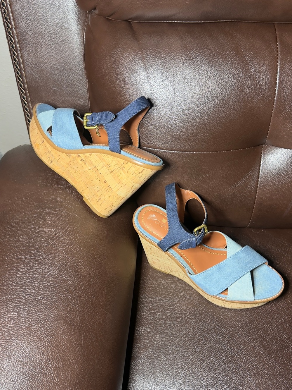 Coach Light Blue and Navy Crisscross Denim Sandals